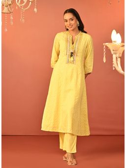 Lakshita - Yellow Embroidered Cotton Jacquard Kurta with Pant (Set of 2)