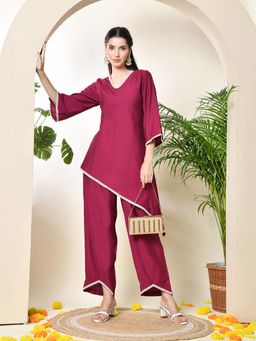 MYSHKA - Women Magenta Colour Co-Ord with Lace (Set of 2)