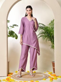 MYSHKA - Women Lavender Colour Co-Ord with Lace (Set of 2)