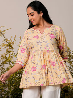 Libas - Women Floral Printed Pleated Yellow Kurti with a Flared Hemline
