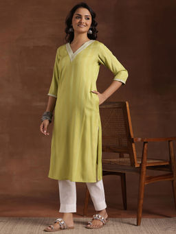 Libas - Lime Green Woven Design Straight Kurta with Pocket and Dobby Weave