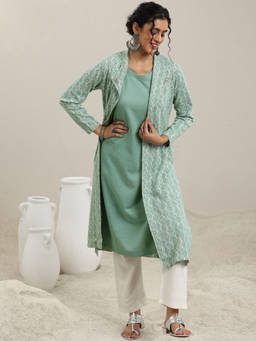 Libas - Green Solid Straight Kurta with Floral Printed Jacket (Set of 2)
