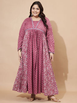 Vbuyz - Womens Floral Print Cotton Pink Alia Cut Stitched Maxi Dress