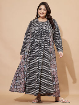 Vbuyz - Womens Floral Printed Anarkali Cotton Black Stitched Maxi Dress