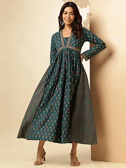 Vbuyz - Womens Floral Print Fit and Flared Cotton Green Stitched Maxi Dress