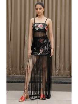 Edition II - Black Sequin Floral Fringe Top with Skirt