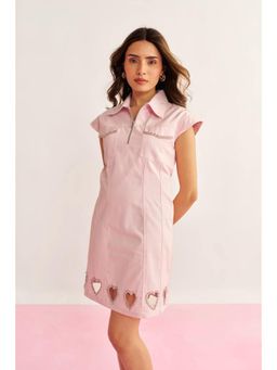 By The Bay - Charlotte Women Pink Cotton Denim Embellished Mini Shirt Dress with Heart Cut-Outs