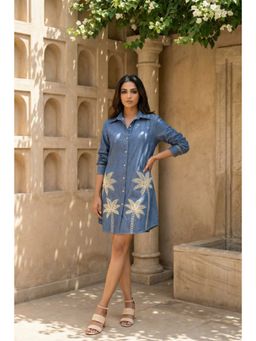 By The Bay - Palm Women Blue Cotton Denim Shirt Dress with Palm Tree Embroidery