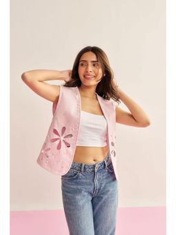 By The Bay - Rose Women Pink Cotton Denim Embellished Floral Cut-Out Waistcoat