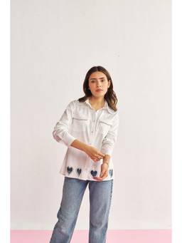 By The Bay - Tulip Women Green Shirt with Floral Motifs and Faux Pearl Detailing