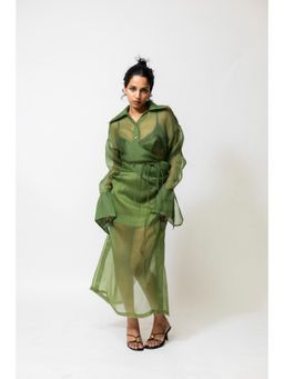 SHOP STAPLE - Sheer Organza Wrap Shirt With Tie Waist- Green