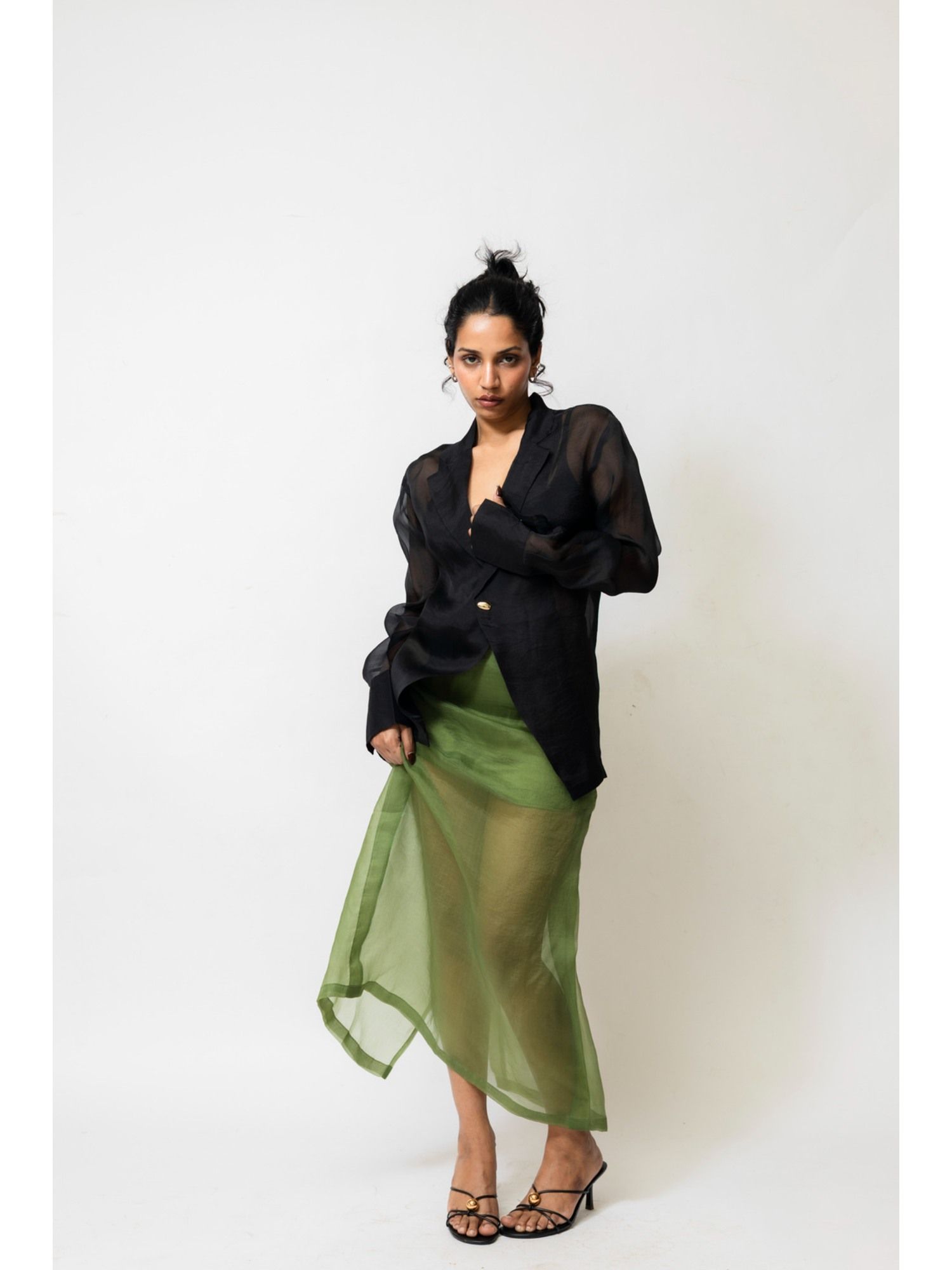 shop staple Sheer Organza Blazer Shirt With Metallic Buttons - Black-picture-51