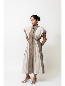 SHOP STAPLE - Poplin Panelled Shirt Dress With Striped Pleats - Beige