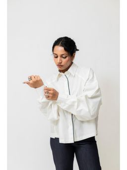 SHOP STAPLE - Oversized Cotton Shirt With Contrast Piping | White