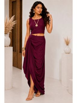 Diiwataa - Wine Printed Drape Skirt With Crop Top And Cape