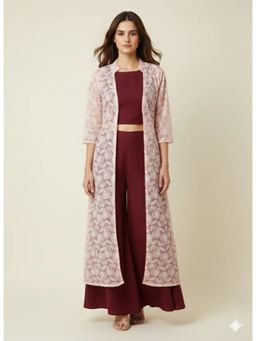 Diiwataa - Wine Crop Top With Pallazo And Jacket