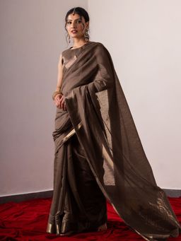 Triyah - Coffee Gold Weaver Pallu Soft Saree With Unstitched Blouse Fabric