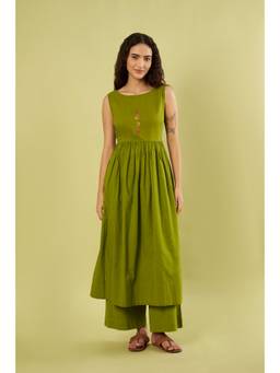 Vinusto - Olive Green High Slit Kurta with Pant