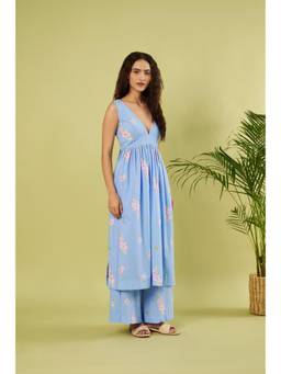 Vinusto - Blue Printed Cotton Kurta with Palazzo