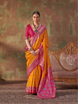 Aurima - Mustard Soft Silk Patola Printed Saree for Women