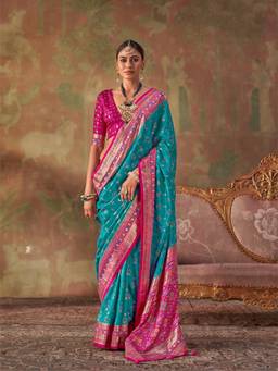 Aurima - Turquoise Blue Soft Silk Patola Printed Saree for Women