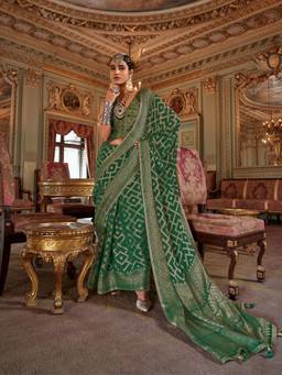 Aurima - Emerald Green Zari Work with Burnout Soft Finish Bollywood Saree