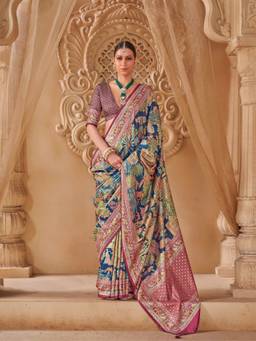 Aurima - Royal Blue Pictorial and Cultural Motifs Position Kalamkari Saree