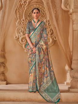 Aurima - Grey Pictorial and Cultural Motifs Position Kalamkari Saree