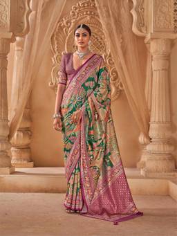 Aurima - Dark Green Pictorial and Cultural Motifs Position Kalamkari Saree