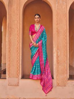 Aurima - Turquoise Blue Soft Silk Patola Saree