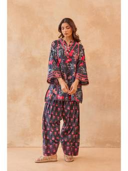 Tara-C-Tara - Black Floral Print Short Kurta with Farsi Salwar