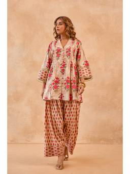 Tara-C-Tara - Beige Floral Print Cotton Kurta with Farsi Salwar