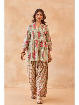 Tara-C-Tara - Sea Green Floral Print Cotton Kurta with Salwar