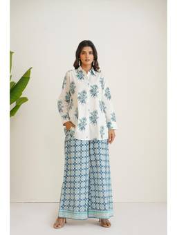 Tara-C-Tara - Blue Floral Print Cotton Shirt with Palazzo