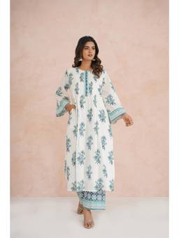 Tara-C-Tara - Blue Floral Print Cotton Kurta with Pant