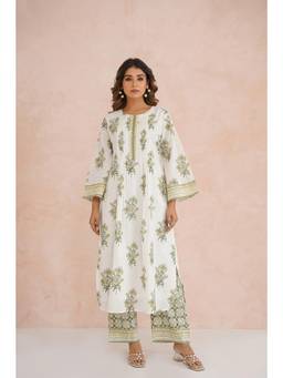 Tara-C-Tara - Green Floral Print Cotton Kurta with Pant