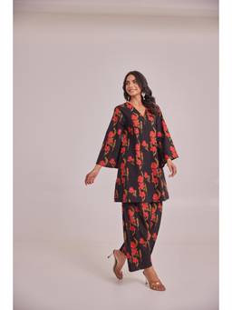 Tara-C-Tara - Black Floral Print Cotton Kurta with Farsi Salwar Co-Ord Set
