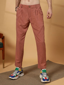 Campus Sutra - Men's Terracotta Brown Crinkled Tailored Trousers