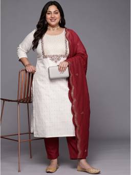 Extra love by Libas - Women Off White Floral Cotton Blend Kurta and Pant with Dupatta