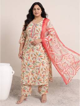 Extra love by Libas - Women Cream Floral Silk Blend Kurta and Pant with Dupatta