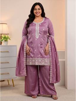 Extra love by Libas - Women Mauve Floral Silk Blend Kurta and Palazzo with Dupatta