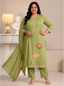 Extra love by Libas - Women Green Floral Chanderi Silk Kurta and Pant with Dupatta