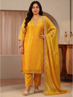 Extra love by Libas - Women Yellow Floral Tissue Kurta and Pant with Dupatta