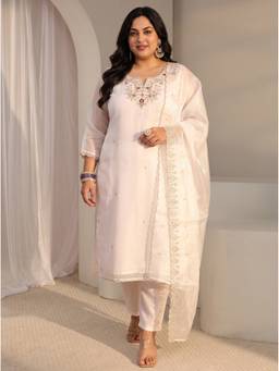 Extra love by Libas - Women White Floral Tissue Kurta and Pant with Dupatta