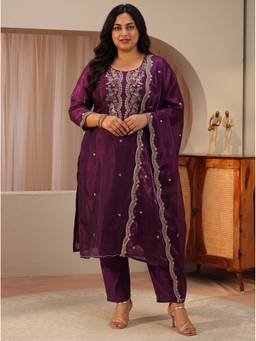 Extra love by Libas - Women Burgundy Floral Tissue Kurta and Pant with Dupatta