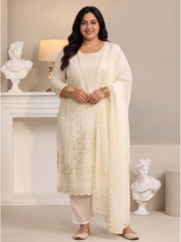 Extra love by Libas - Women Off White Embroidered Georgette Kurta and Pant with Dupatta