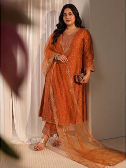 Extra love by Libas - Women Rust Floral Silk Blend Kurta and Pant with Dupatta