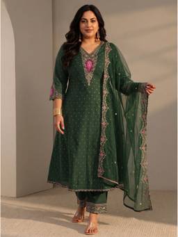 Extra love by Libas - Women Green Floral Silk Blend Kurta and Pant with Dupatta