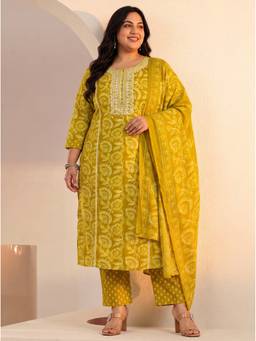Extra love by Libas - Women Mustard Floral Cotton Kurta and Pant with Dupatta