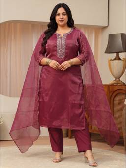 Extra love by Libas - Women Maroon Floral Tissue Kurta and Pant with Dupatta